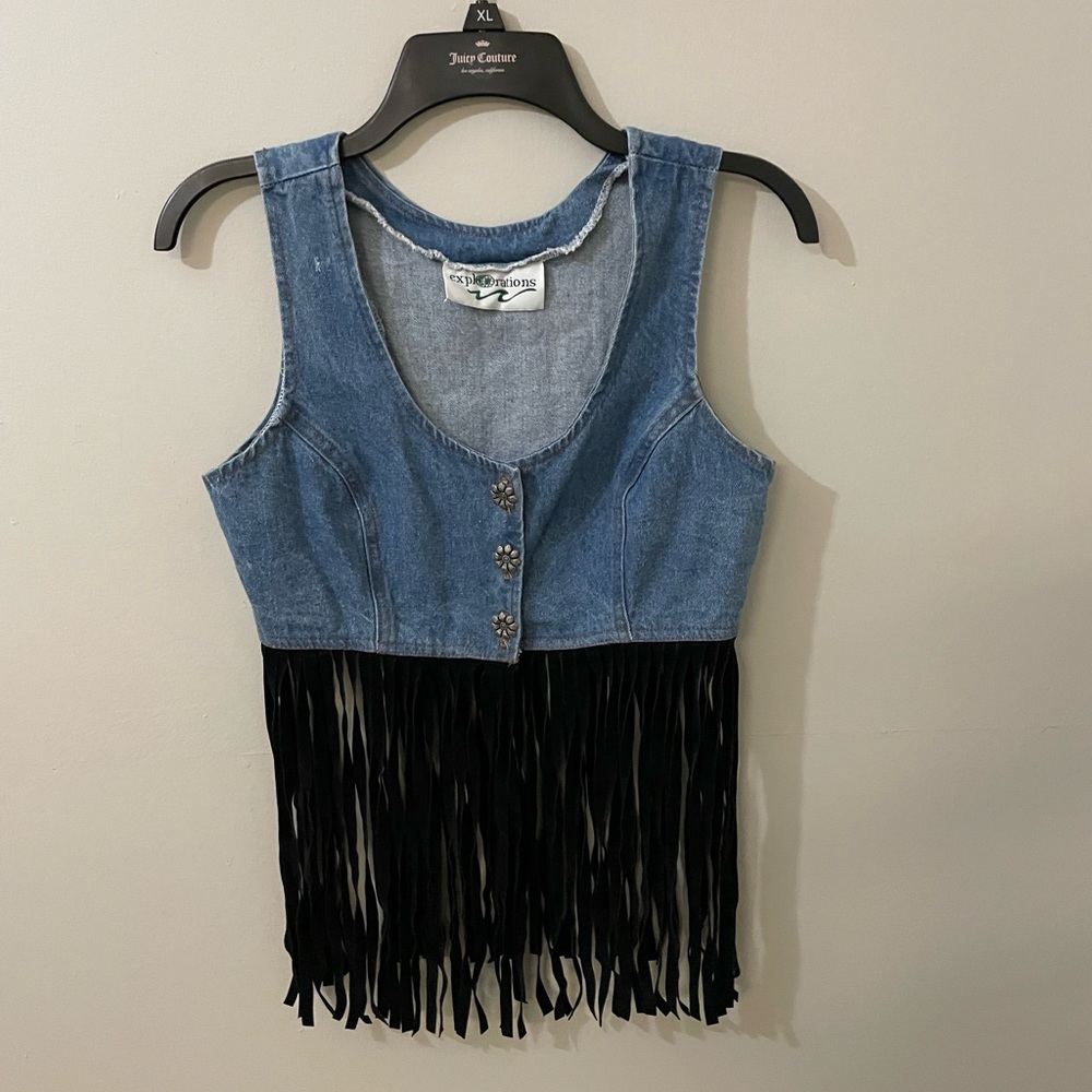 2/$10 Women’s Blue Denim Vest or Top with black velvet fringe hem. GUC Small